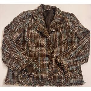 Vtg Carlucci Tweed Blazer Brown/Blue Woven Plaid Size 14 Women's